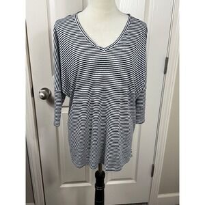 Chico's Size 2 (L) Striped Linen Blend Dolman Sleeve V-Neck Top Blouse Coastal